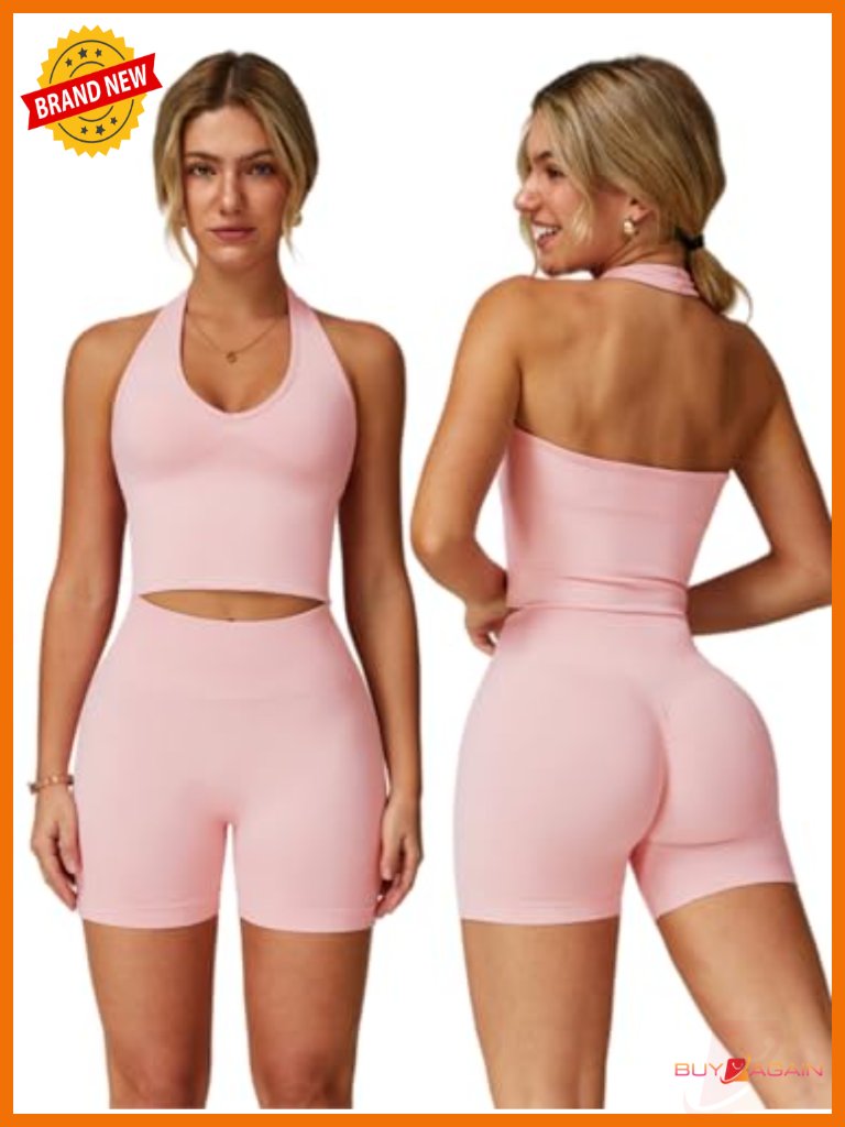 Seamless 2 Piece Halter Crop Tank & Scrunch Butt Lifting Shorts Gym Set